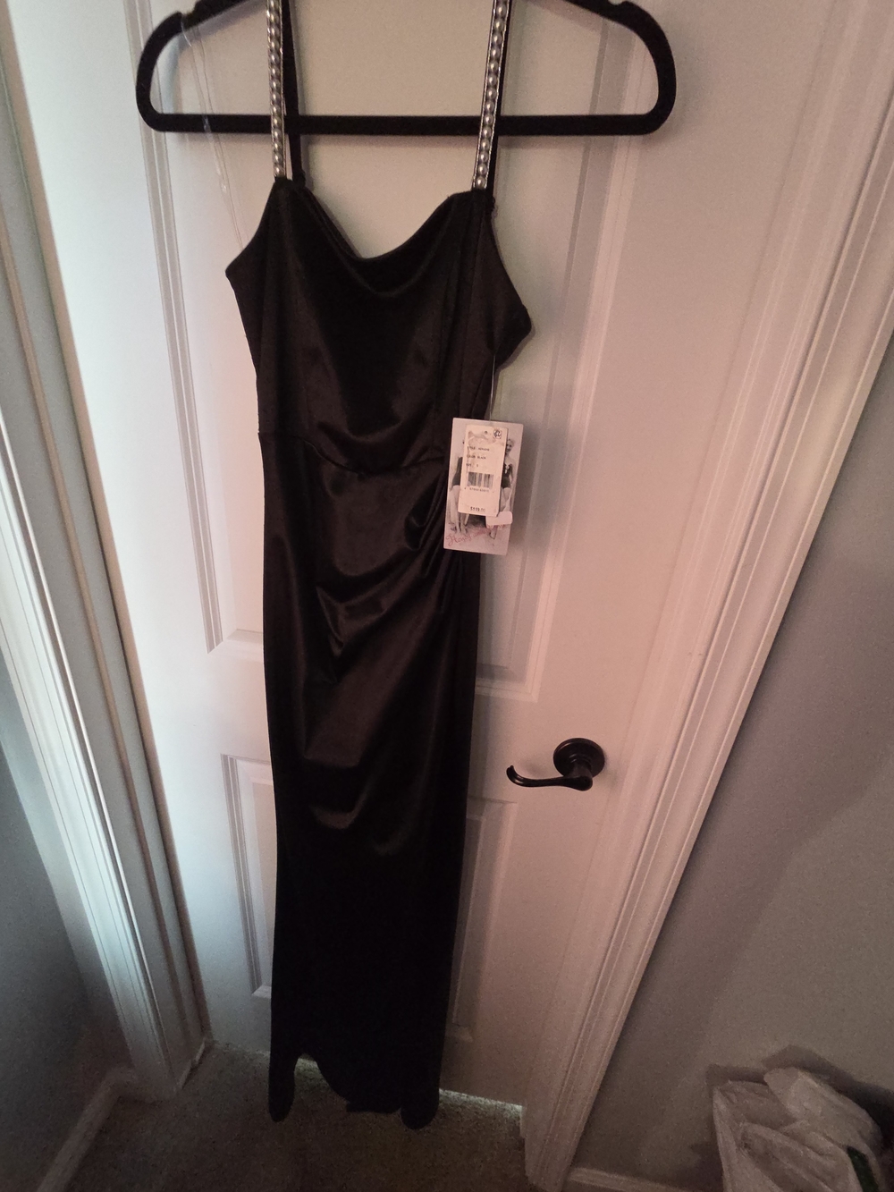 Honey And Rosie Elegant Black Satin Evening Dress with Rhinestone Straps *No Zip